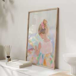Little Girl Reading Art Print - Pastel Children's Wall Soft Impressionist Painting For Nursery Or Playroom - thumbnail 3