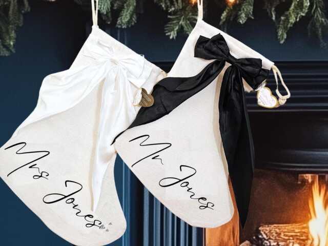 Wedding Gift, Couple Gift, First Christmas Married Mr & Mrs Personalised Stocking, Gifts, Bow Stocking - image 1