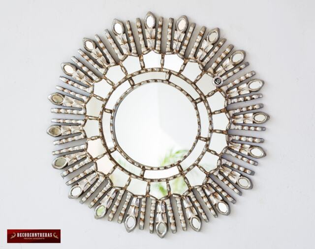 Silver Sunburst Mirror 17.7In - Hand Carved Round Wall Mirrors From Peru Accent Living Room Mirror, No Duties Usa - image 1