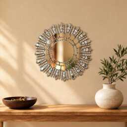 Silver Sunburst Mirror 17.7In - Hand Carved Round Wall Mirrors From Peru Accent Living Room Mirror, No Duties Usa - thumbnail 2