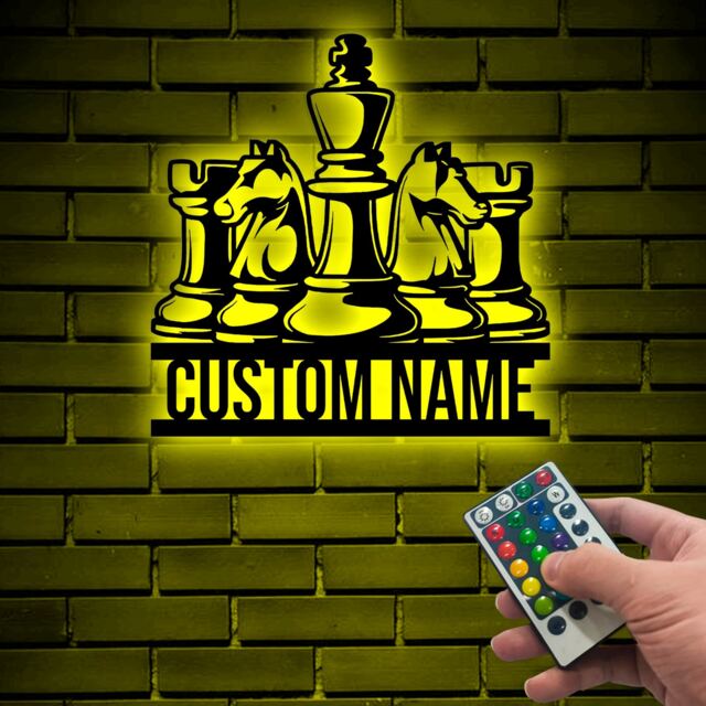 Chess Metal Wall Art With Led, Player Custom Name Sign, Ches Club Signs, Xmas Gift For Lover, Hanging Home Decor