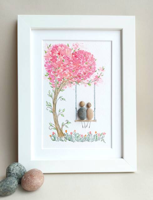 Beautiful Pebble Art, Couple Art, Wall Decor, Beach Home Framed Art - image 1