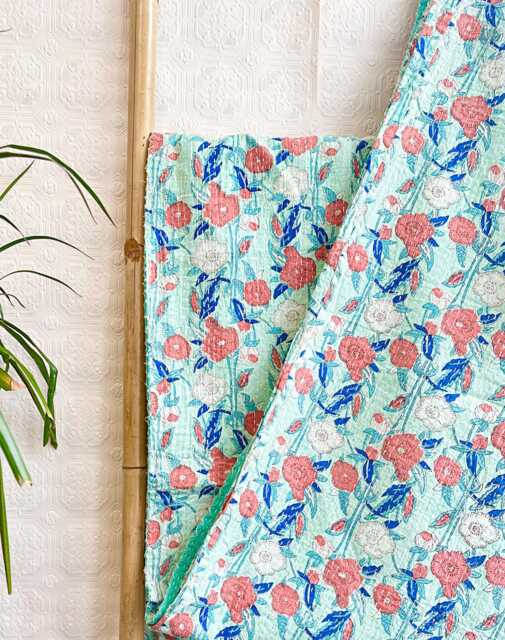 Kantha Stitch Pure Cotton Reversible Bed/Sofa Throw King Size - Handmade Handprinted Floral Dohar Peppermint Orange Peach Blue Botanical - image 1