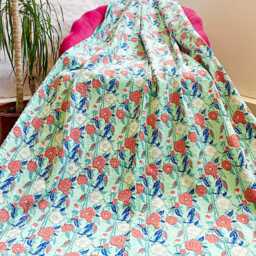 Kantha Stitch Pure Cotton Reversible Bed/Sofa Throw King Size - Handmade Handprinted Floral Dohar Peppermint Orange Peach Blue Botanical - thumbnail 4