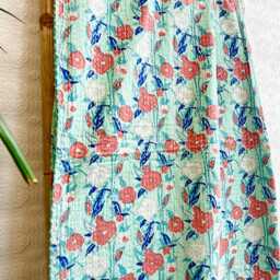 Kantha Stitch Pure Cotton Reversible Bed/Sofa Throw King Size - Handmade Handprinted Floral Dohar Peppermint Orange Peach Blue Botanical - thumbnail 3