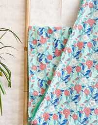 Kantha Stitch Pure Cotton Reversible Bed/Sofa Throw King Size - Handmade Handprinted Floral Dohar Peppermint Orange Peach Blue Botanical - thumbnail 1