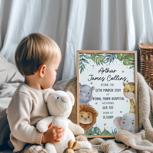 Nursery Decor, New Baby Gift, New Birth, Personalised, Baby Boy, Baby Girl, Newborn, Nursery Prints, Safari Animals, Gender Neutral, Jungle, New Mum - image 1