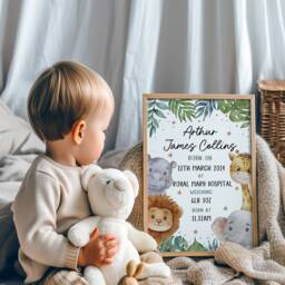 Nursery Decor, New Baby Gift, New Birth, Personalised, Baby Boy, Baby Girl, Newborn, Nursery Prints, Safari Animals, Gender Neutral, Jungle, New Mum - thumbnail 1
