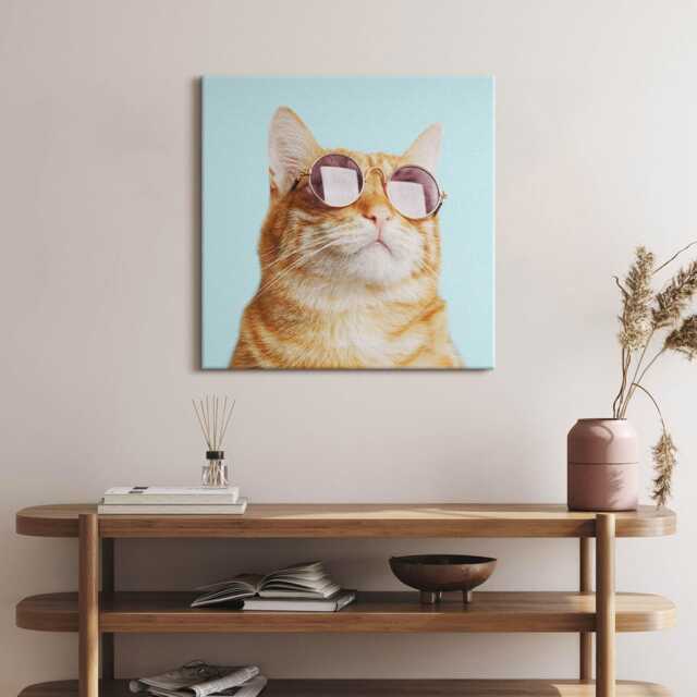 Funny Cat With Glasses Canvas, Wall Art Picture, Turquoise Decoration, Animals Canvas - image 1