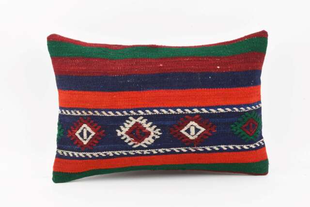 Handmade Turkish Kilim Pillow Cover Striped Wool Cushion - 16x24 - image 1