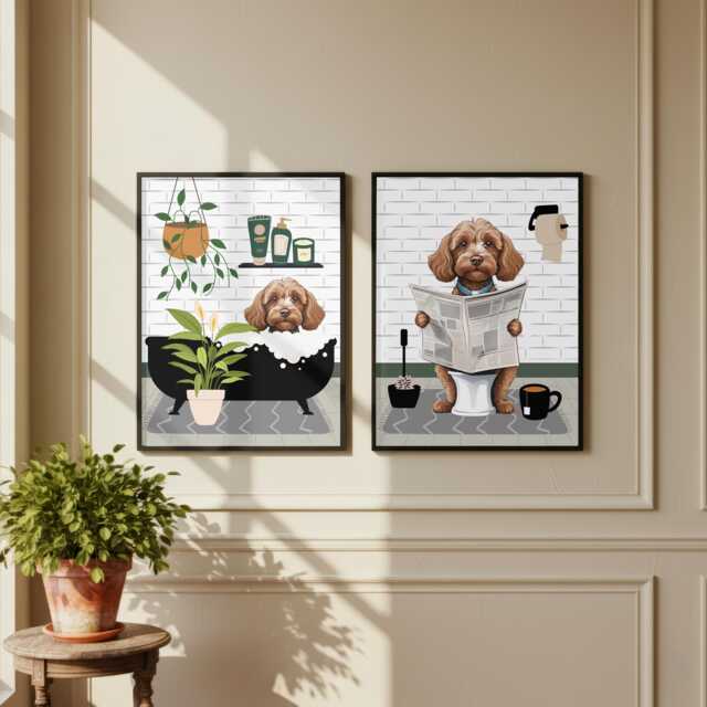 Cavapoo Bathroom Prints, Bath & Toilet Art, Set Of Two White Prints. Funny Pet Portrait Glossy - image 1