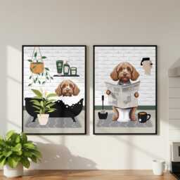 Cavapoo Bathroom Prints, Bath & Toilet Art, Set Of Two White Prints. Funny Pet Portrait Glossy - thumbnail 2