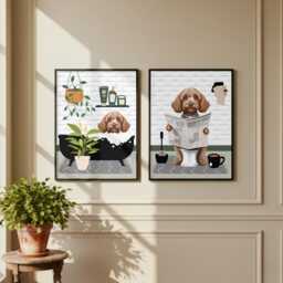 Cavapoo Bathroom Prints, Bath & Toilet Art, Set Of Two White Prints. Funny Pet Portrait Glossy - thumbnail 1