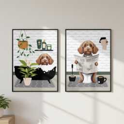 Cavapoo Bathroom Prints, Bath & Toilet Art, Set Of Two White Prints. Funny Pet Portrait Glossy - thumbnail 3
