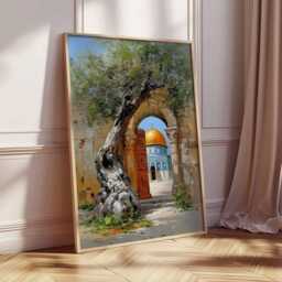 Jerusalem Olive Tree Poster, Middle Eastern Architecture Wall Art, Historic City Landscape Painting, Golden Dome Decor, Travel Art Print - thumbnail 2