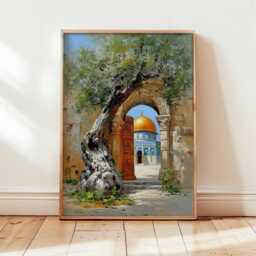 Jerusalem Olive Tree Poster, Middle Eastern Architecture Wall Art, Historic City Landscape Painting, Golden Dome Decor, Travel Art Print - thumbnail 3