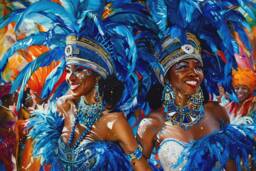 Vibrant Caribbean Carnival Art Print - Blue Wall Decor Tropical Festival Artwork Colorful Home Unique Gift - thumbnail 1
