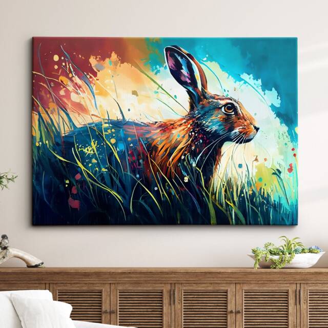 Bunny Rabbit Abstract Hare Animal Oil Painting Rainbow Pet Splatter Wall Art Black Framed Canvas Poster Print Home/Office Room Decor Gifts - image 1