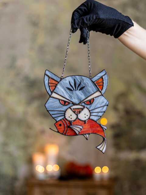 Funny Stained Glass Suncatcher Angry Cat With Caught Fish, Gray Home House Decor Window Wall Halloween Hangings Cling Gift - image 1