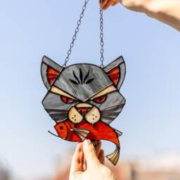 Funny Stained Glass Suncatcher Angry Cat With Caught Fish, Gray Home House Decor Window Wall Halloween Hangings Cling Gift - thumbnail 4