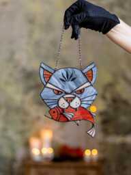 Funny Stained Glass Suncatcher Angry Cat With Caught Fish, Gray Home House Decor Window Wall Halloween Hangings Cling Gift - thumbnail 1