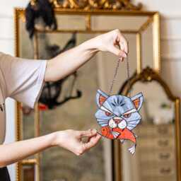 Funny Stained Glass Suncatcher Angry Cat With Caught Fish, Gray Home House Decor Window Wall Halloween Hangings Cling Gift - thumbnail 2