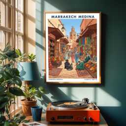 Marrakech Medina Market Vintage Gouache Print Moroccan Street Scene - thumbnail 2