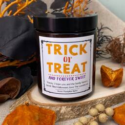 Halloween Trick Or Treat Candle - Personalised Decoration Pumpkin Spice Soy Wax - No Paraffin - thumbnail 1