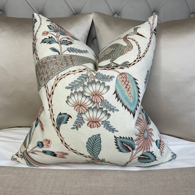 Schumacher Pillow Cover, Linen Campagne Peacock & Rouge - Lush Lively French Floral Throw Worldwide Delivery - image 1