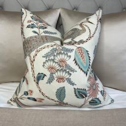 Schumacher Pillow Cover, Linen Campagne Peacock & Rouge - Lush Lively French Floral Throw Worldwide Delivery - thumbnail 1