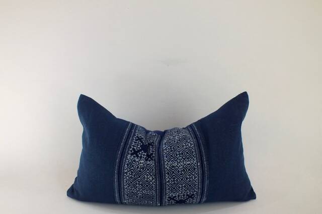 Indigo Batik Bolster Pillow Handmade Hmong Textile, 12x20 Home Decor - image 1