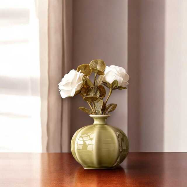 Olive Green Ceramic Vase, Small Lantern Shape Flower Holder, Celadon Tea-Dust Glaze, Minimalist Japandi Decor, Modern Ribbed Bud Vase - image 1
