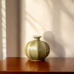 Olive Green Ceramic Vase, Small Lantern Shape Flower Holder, Celadon Tea-Dust Glaze, Minimalist Japandi Decor, Modern Ribbed Bud Vase - thumbnail 2