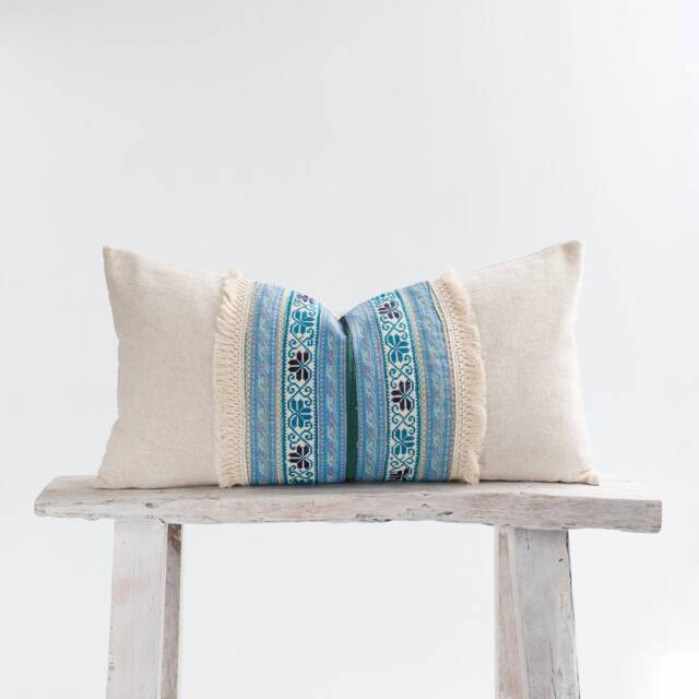 Vintage Embroidered Hill Tribe Hemp Lumbar Cushion Throw Pillow Cover 12x24 - image 1