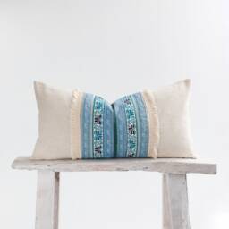 Vintage Embroidered Hill Tribe Hemp Lumbar Cushion Throw Pillow Cover 12x24 - thumbnail 1