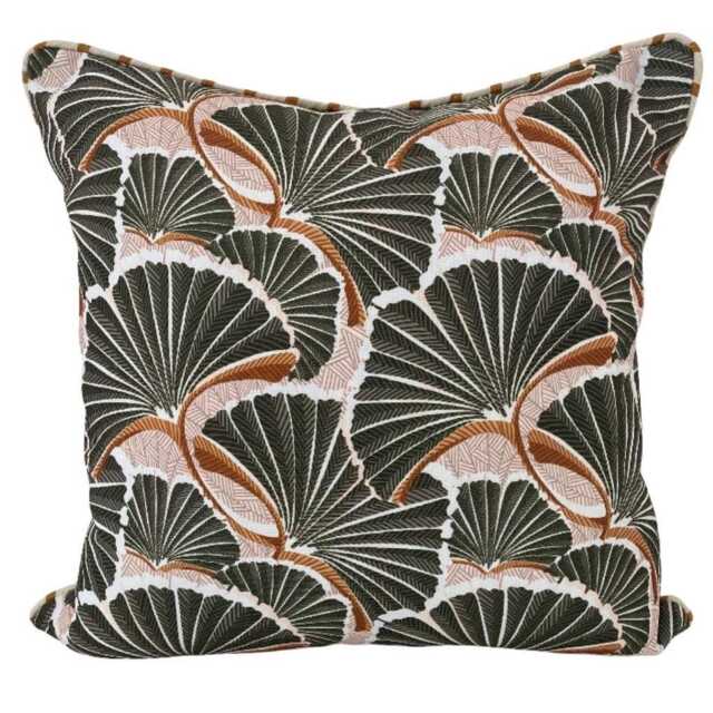 Green Palm Leaf Cushion Cover, Ochre Stripe Back, Handmade Outdoor Pillow - image 1