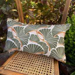 Green Palm Leaf Cushion Cover, Ochre Stripe Back, Handmade Outdoor Pillow - thumbnail 4