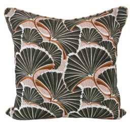 Green Palm Leaf Cushion Cover, Ochre Stripe Back, Handmade Outdoor Pillow - thumbnail 1