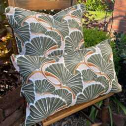 Green Palm Leaf Cushion Cover, Ochre Stripe Back, Handmade Outdoor Pillow - thumbnail 3