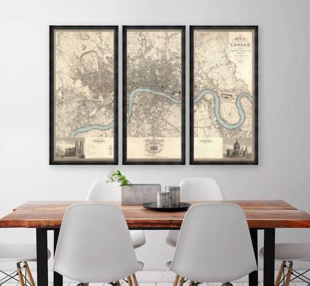 Old London Map - Triptych Three Frames Antique Wall Art 1830 Or 1898 Westminster, Camden, Southwark, Lambeth, North, South, East, West - image 1