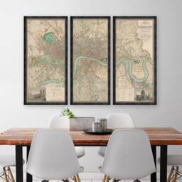 Old London Map - Triptych Three Frames Antique Wall Art 1830 Or 1898 Westminster, Camden, Southwark, Lambeth, North, South, East, West - thumbnail 2