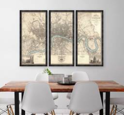 Old London Map - Triptych Three Frames Antique Wall Art 1830 Or 1898 Westminster, Camden, Southwark, Lambeth, North, South, East, West - thumbnail 1