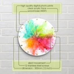 Happy Holi Gift, Colorful Wall Clock, Acrylic Unique Large Silent Gift For Her, 12 Inch - thumbnail 2