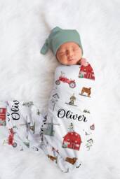 Farm Personalized Swaddle, Baby Blanket, Custom Name Hospital Shower Gift, Toddler - thumbnail 1