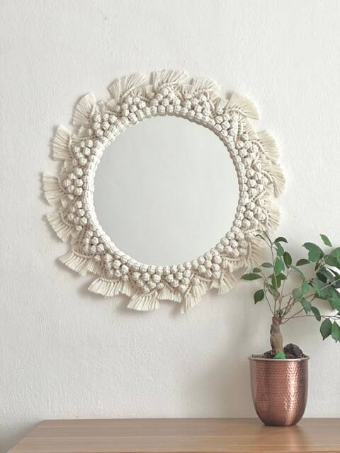 White Macrame Mandala Mirror, Boho Wall Decor - image 1