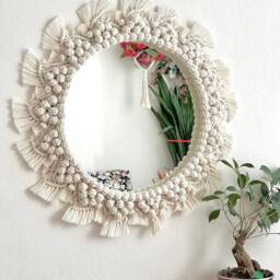 White Macrame Mandala Mirror, Boho Wall Decor - thumbnail 2