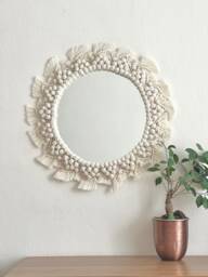White Macrame Mandala Mirror, Boho Wall Decor - thumbnail 1