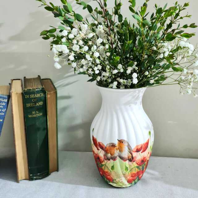 Robin & Poppy Glass Vase, in Loving Memory Floral Poppies Flower Hand Decorated - image 1