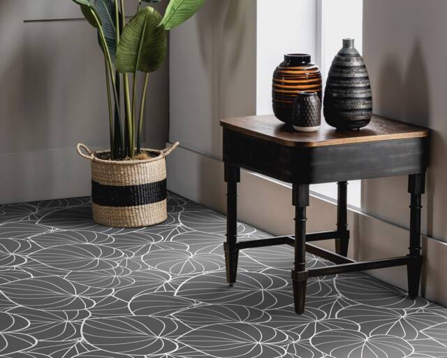 Lineart Tropical Leaves Vinyl Flooring, Gray Decorative White Sheet Floor, Plant Office Decor, Living Room Decoration - image 1