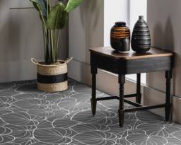 Lineart Tropical Leaves Vinyl Flooring, Gray Decorative White Sheet Floor, Plant Office Decor, Living Room Decoration - thumbnail 1